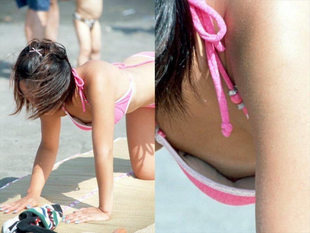 【ポロリ画像】夏のビーチでうっかりポロリ、しっかり盗撮されちゃってるエロ画像がコチラ！！・8枚目